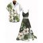 Two-tone Vacation Couple Outfit Hibiscus Floral Leaf Print Slit Lace Hollow Out Dress and Shirt Set - Vert Armée S | US 4