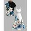 Two-tone Vacation Couple Outfit Hibiscus Floral Leaf Print Slit Lace Hollow Out Dress and Shirt Set - Vert Armée S | US 4