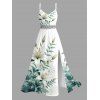 Robe de vacances style frais imprimé floral lys et feuilles, dentelle ajourée et fendue - Blanc M | US 6