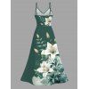 Robe de vacances style frais imprimé floral lys et feuilles, dentelle ajourée et fendue - PLANT GREEN XXXXXL | US 20