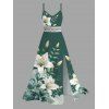 Robe de vacances style frais imprimé floral lys et feuilles, dentelle ajourée et fendue - PLANT GREEN XXXXL | US 18