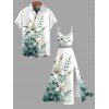 Vacation Couple Outfit Fresh Style Lily Floral Bud Leaf Print Lace Hollow Out Slit Dress and Shirt Set - Blanc S | US 4