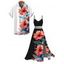 Vacation Couple Outfit Hibiscus Floral Leaf Print Lace Hollow Out Slit Maxi Dress and Shirt Set - Rouge Cerise S | US 4