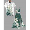 Vacation Couple Outfit Fresh Style Lily Floral Bud Leaf Print Lace Hollow Out Slit Dress and Shirt Set - PLANT GREEN S | US 4