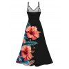 Vacation Couple Outfit Hibiscus Floral Leaf Print Lace Hollow Out Slit Maxi Dress and Shirt Set - Rouge Cerise S | US 4