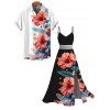 Vacation Couple Outfit Hibiscus Floral Leaf Print Lace Hollow Out Slit Maxi Dress and Shirt Set - Rouge Cerise S | US 4