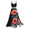 Vacation Couple Outfit Hibiscus Floral Leaf Print Lace Hollow Out Slit Maxi Dress and Shirt Set - Rouge Cerise S | US 4