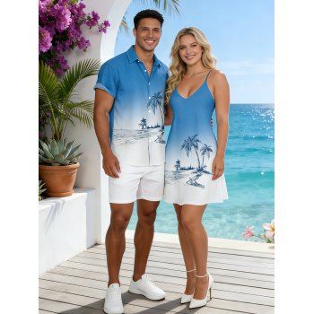 Hawaii Ombre Coconut Tree Print V Neck High Waist Spaghetti Strap Dress and Roll Up Sleeve Shirt Outfit