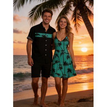 Hawaii Palm Tree Print Vacation Spaghetti Strap V Neck A Mini Dress And Short Sleeve Shirt Matching Outfit