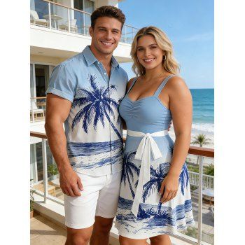 Hawaii Vacation Beach Palm Tree Print Belted Mini Dress And Short Sleeve Shirt Matching Outfit