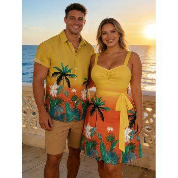 Vacation Couple Outfit Ombre Coconut Tree Leaf Pattern Ruched Bust Belt Sweetheart Neck Dress and Button Up Shirt Beach Matching Outfit