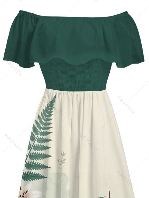 Vacation Dress Colorblock Lily Floral Print Flounce Off the Shoulder Slit Dress - PLANT GREEN XXXXXL | US 20