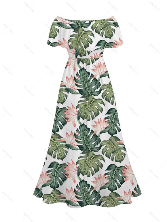 Vacation Dress Tropical Monstera Botanical Print Flounce Off the Shoulder Slit Dress - Vert XXXXXL | US 20