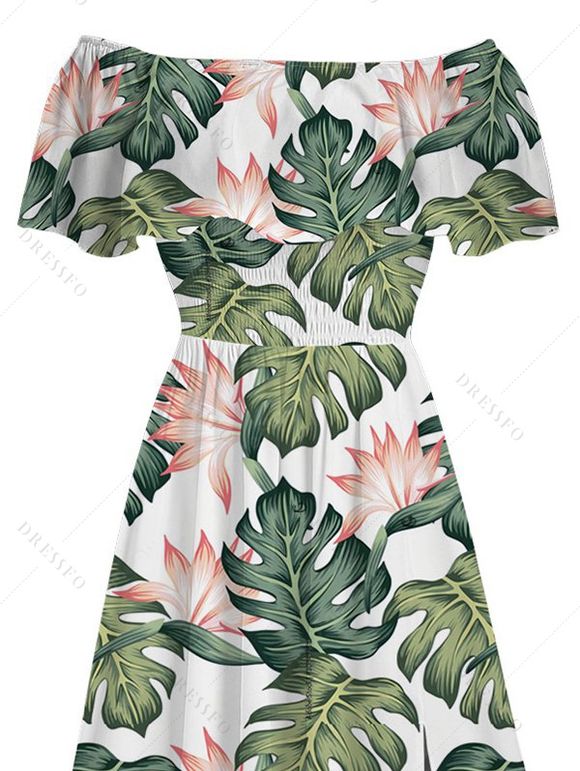 Vacation Dress Tropical Monstera Botanical Print Flounce Off the Shoulder Slit Dress - Vert XXXXXL | US 20