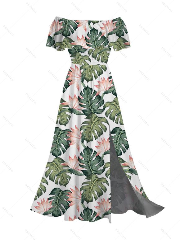 Vacation Couple Outfit Monstera Leaf Print Flounce Off the Shoulder Slit Dress and Shirt Set - PLANT GREEN S | US 4