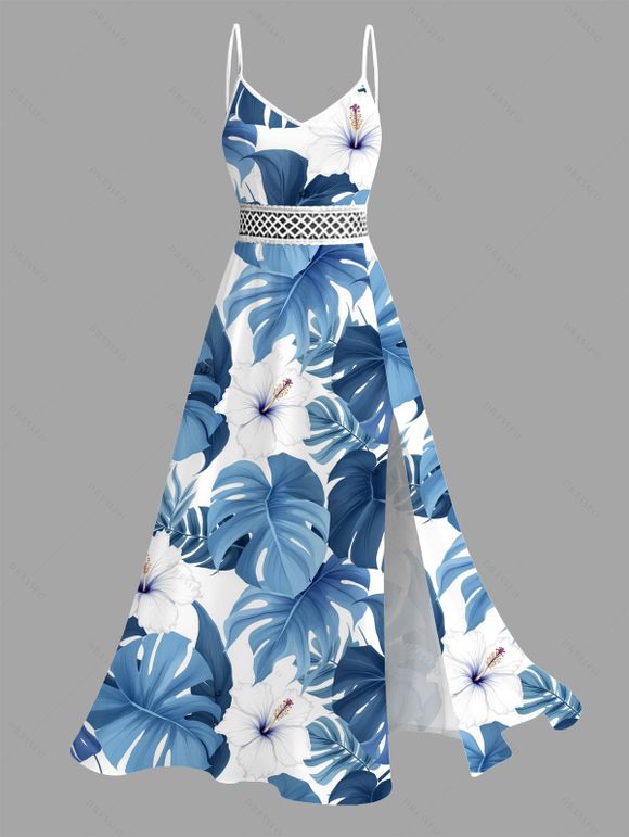 Vacation Couple Outfit Monstera Hibiscus Floral Print Lace Hollow Out Slit Dress and Shirt Set - Bleu Ciel S | US 4