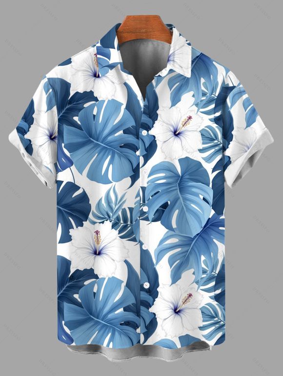 Vacation Couple Outfit Monstera Hibiscus Floral Print Lace Hollow Out Slit Dress and Shirt Set - Bleu Ciel S | US 4