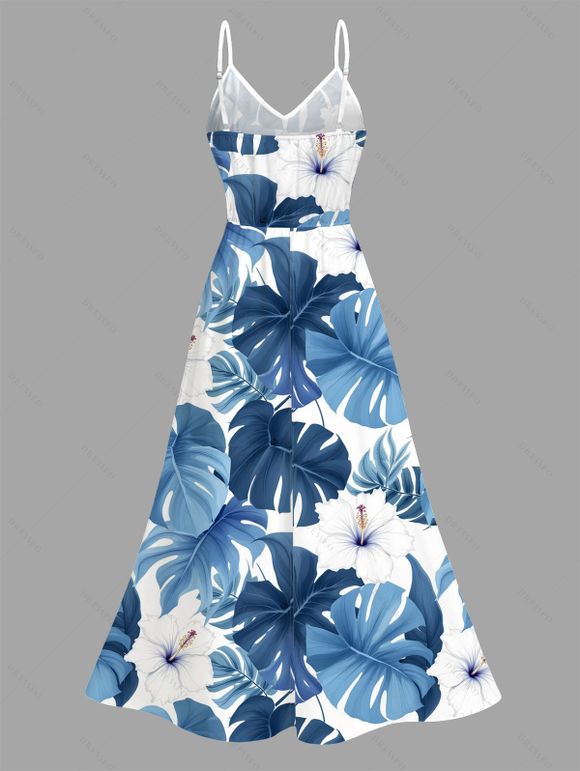 Vacation Dress Monstera Hibiscus Floral Print Lace Hollow Out Slit Dress - Bleu Ciel XXXXXL | US 20