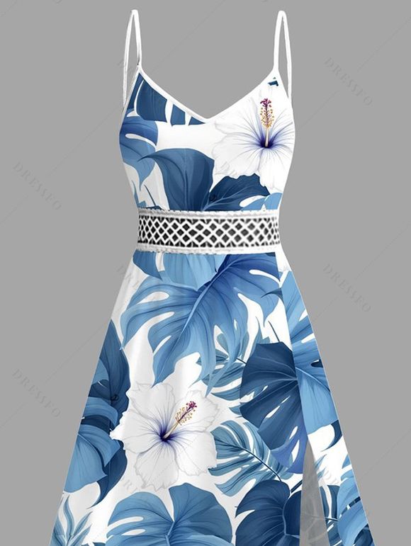 Vacation Dress Monstera Hibiscus Floral Print Lace Hollow Out Slit Dress - Bleu Ciel XXXXXL | US 20