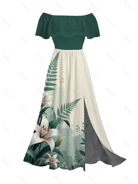 Vacation Couple Outfit Colorblock Lily Floral Print Flounce Off the Shoulder Slit Dress and Shirt Set - Vert S | US 4