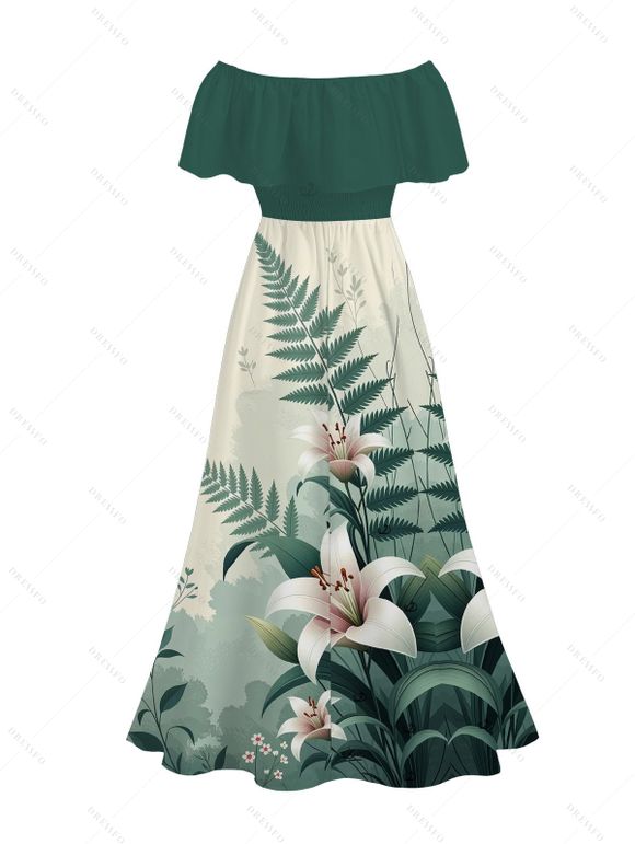 Vacation Couple Outfit Colorblock Lily Floral Print Flounce Off the Shoulder Slit Dress and Shirt Set - Vert S | US 4