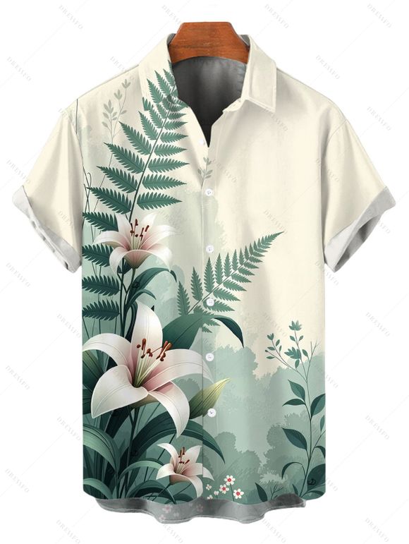 Vacation Couple Outfit Colorblock Lily Floral Print Flounce Off the Shoulder Slit Dress and Shirt Set - Vert S | US 4