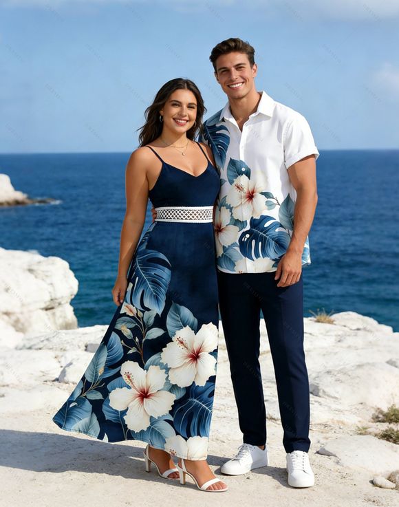 Two-tone Vacation Couple Outfit Hibiscus Floral Leaf Print Slit Lace Hollow Out Dress and Shirt Set - Bleu de Minuit S | US 4