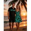 Hawaii Palm Tree Print Vacation Spaghetti Strap V Neck A Mini Dress And Short Sleeve Shirt Matching Outfit - Noir S | US 4