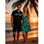 Hawaii Palm Tree Print Vacation Spaghetti Strap V Neck A Mini Dress And Short Sleeve Shirt Matching Outfit - Noir S | US 4