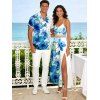 Vacation Couple Outfit Ink-splash Style Floral Leaf Print Lace Hollow Out Slit Dress and Shirt Set - Bleu S | US 4