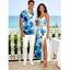 Vacation Couple Outfit Ink-splash Style Floral Leaf Print Lace Hollow Out Slit Dress and Shirt Set - Bleu S | US 4