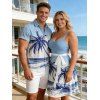 Hawaii Vacation Beach Palm Tree Print Belted Mini Dress And Short Sleeve Shirt Matching Outfit - Bleu clair S | US 4