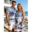Hawaii Vacation Beach Palm Tree Print Belted Mini Dress And Short Sleeve Shirt Matching Outfit - Bleu clair S | US 4