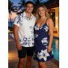 Vacation Couple Outfit Lily Floral Leaf Print Spaghetti Strap Dress and Shirt Set - Bleu Marine S | US 4