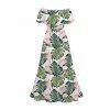Vacation Couple Outfit Monstera Leaf Print Flounce Off the Shoulder Slit Dress and Shirt Set - PLANT GREEN S | US 4