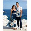 Two-tone Vacation Couple Outfit Hibiscus Floral Leaf Print Slit Lace Hollow Out Dress and Shirt Set - Bleu de Minuit S | US 4