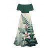Vacation Couple Outfit Colorblock Lily Floral Print Flounce Off the Shoulder Slit Dress and Shirt Set - Vert S | US 4