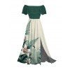 Vacation Couple Outfit Colorblock Lily Floral Print Flounce Off the Shoulder Slit Dress and Shirt Set - Vert S | US 4