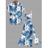 Vacation Couple Outfit Monstera Hibiscus Floral Print Lace Hollow Out Slit Dress and Shirt Set - Bleu Ciel S | US 4