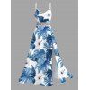 Vacation Couple Outfit Monstera Hibiscus Floral Print Lace Hollow Out Slit Dress and Shirt Set - Bleu Ciel S | US 4