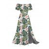 Vacation Dress Tropical Monstera Botanical Print Flounce Off the Shoulder Slit Dress - Vert XXXXXL | US 20