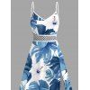 Vacation Dress Monstera Hibiscus Floral Print Lace Hollow Out Slit Dress - Bleu Ciel XXXXXL | US 20