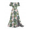 Vacation Couple Outfit Monstera Leaf Print Flounce Off the Shoulder Slit Dress and Shirt Set - PLANT GREEN S | US 4