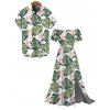Vacation Couple Outfit Monstera Leaf Print Flounce Off the Shoulder Slit Dress and Shirt Set - PLANT GREEN S | US 4