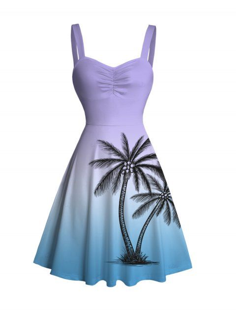 Vacation Dress for Beach Ombre Coconut Tree Print Ruched Bust Mini Dress