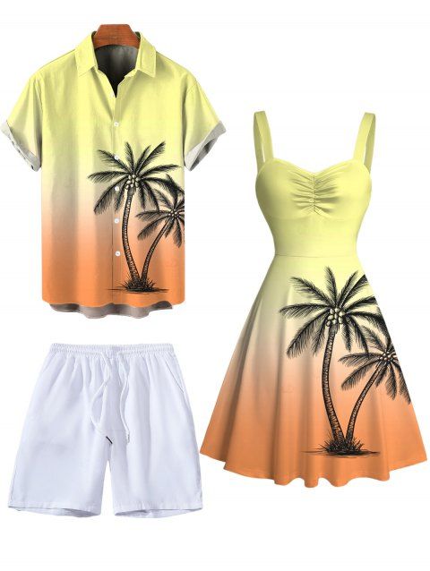 Vacation Couple Outfit Ombre Coconut Tree Print Ruched Bust Dress and Shirt Shorts Set