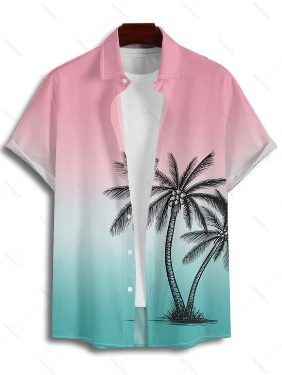 Vacation Couple Outfit Ombre Coconut Tree Print Ruched Bust Dress and Shirt Shorts Set - Rose S | US 4