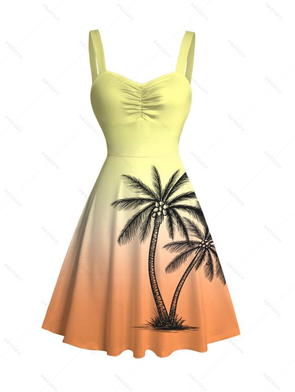 Vacation Couple Outfit Ombre Coconut Tree Print Ruched Bust Dress and Shirt Shorts Set - Orange vif S | US 4