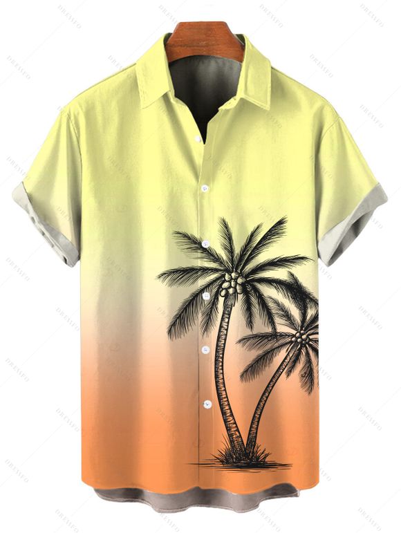 Vacation Couple Outfit Ombre Coconut Tree Print Ruched Bust Dress and Shirt Shorts Set - Orange vif S | US 4