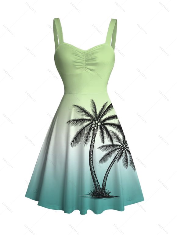 Vacation Couple Outfit Ombre Coconut Tree Print Ruched Bust Dress and Shirt Shorts Set - Vert clair S | US 4